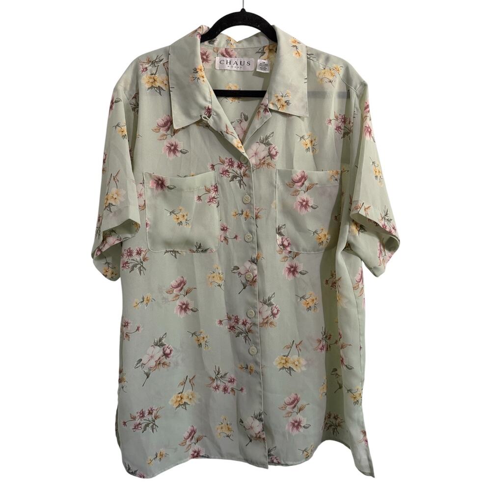 Chaus Women’s Size 18 Floral Button Front Blouse Sage Green Semi Sheer Top